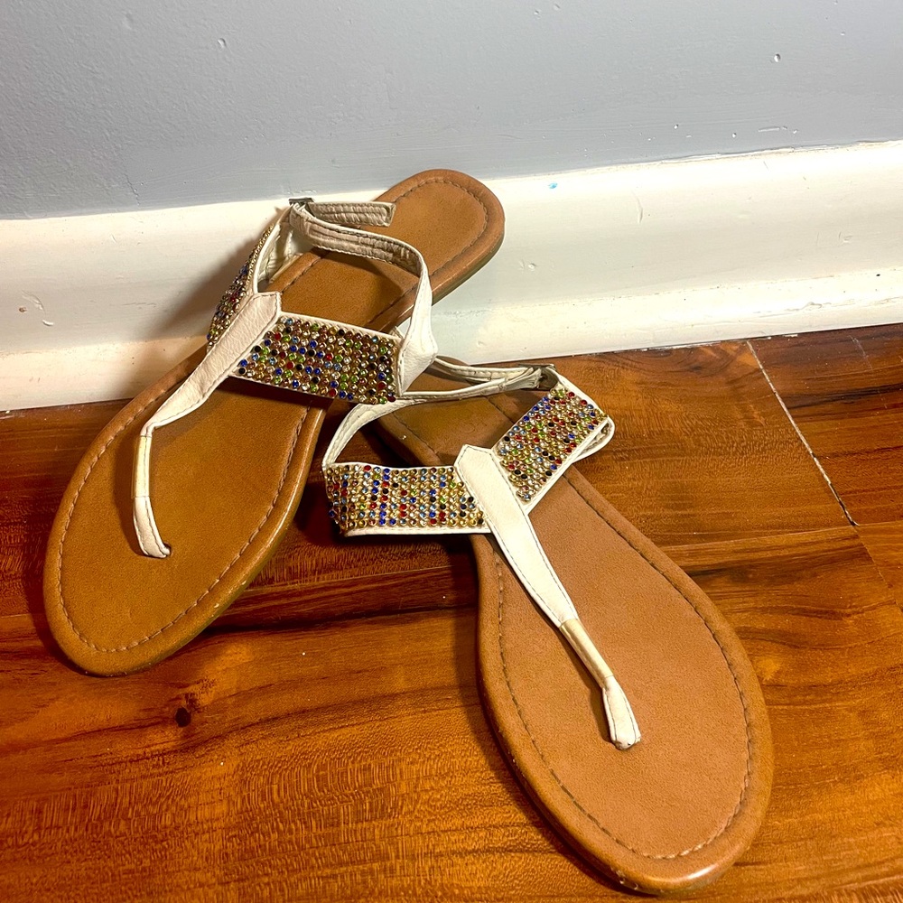 Rainbow Gem Embossed White Sandals Size 7